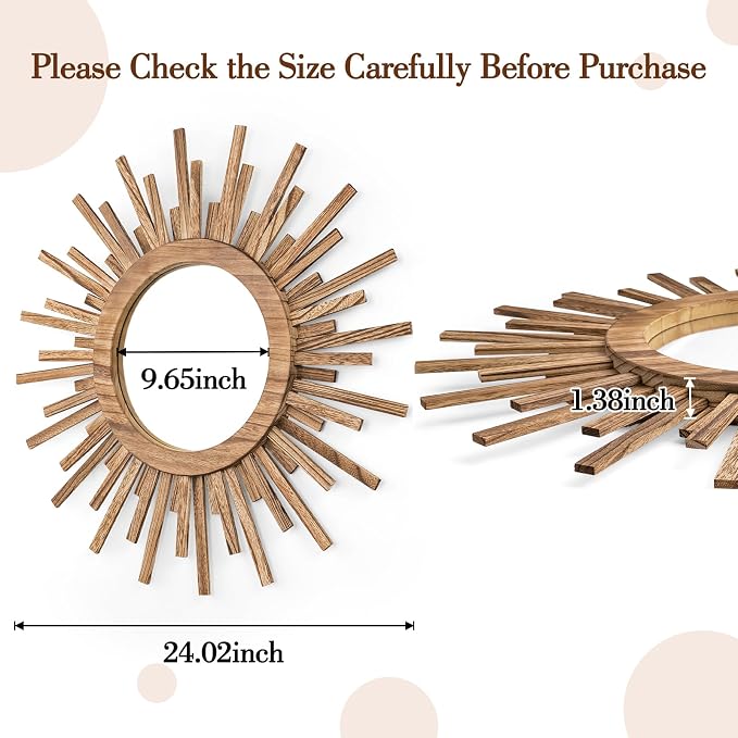 24 Inch Boho Sunburst Mirror, Round Wooden Wall Decor Starburst Sun Mirror for Bedroom, Living Room, Bathroom, Hallway, Balcony, Farmhouse Entryway, Housewarming Gift（Rustic Brown