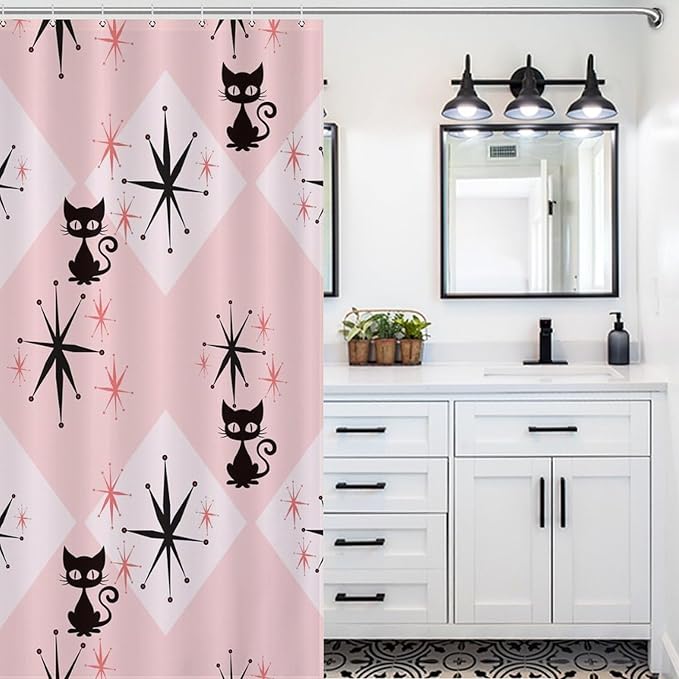 Mid Century Modern Shower Curtain,Pink Retro Atomic Cat Abstract Geometric 1960s Fabric Bathroom Decor Curtains with Hooks 72x72in（183x183cm）