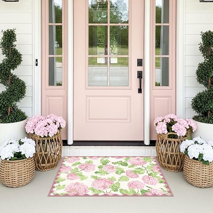 Front Door Mat Outside Entrance - 2x3 Boho Pink White Non-Slip Washable Doormat Indoor Outdoor Entrance Floral Rug Small Throw Rugs for Entryway Bedroom Kitchen Front Laundry Room Porch Decor