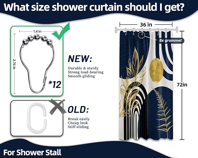 Mid Century Modern Navy Blue Shower Curtain Boho Dark Blue and Gold Leaves Shower Curtains for Mens Bathroom Decor Sets, Waterproof Cloth Fabric with Hooks, 36x72in