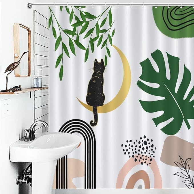 Boho Shower Curtains Funny Black Cat Abstract Green Leaf Arch Sun Moon Modern Minimalist Pattern Duty Fabric Shower Curtain Set Bathroom Polyester Waterproof with 12 Hooks, 55x72Inch（140x183cm）