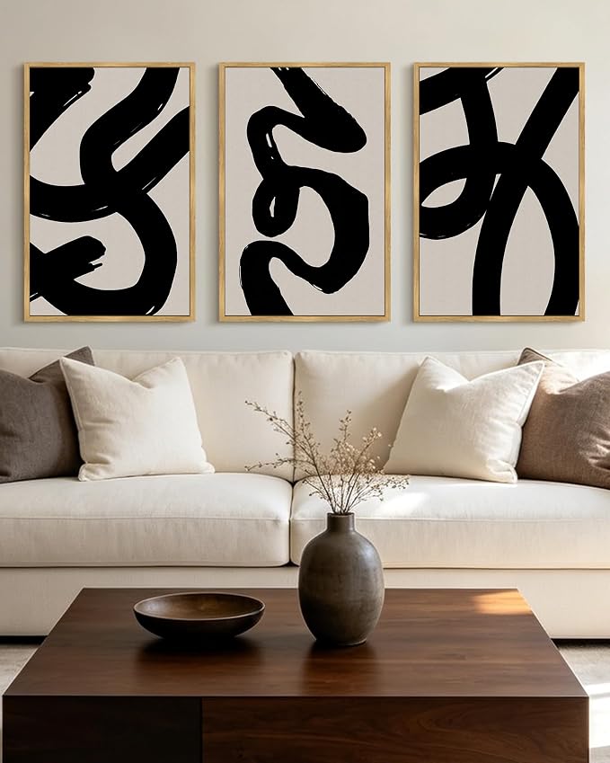 KUVIOKE Black Abstract Framed Wall Art Ink Wash Minimalist Lines Canvas Painting Artwork for Bedroom Hallway 16x24in (Natural Framed)
