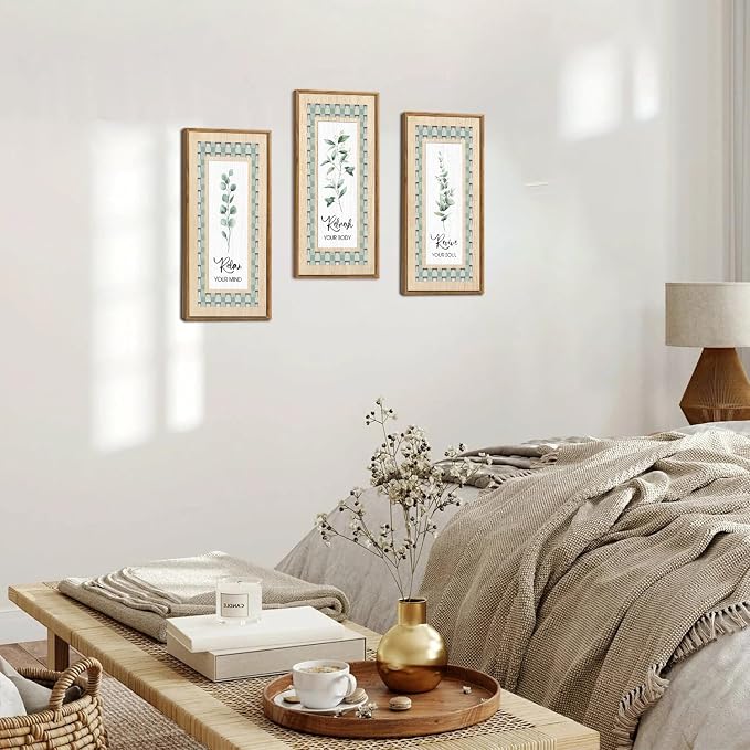 IARTTOP Sage Green Bathroom Wall Art Set of 3 Eucalyptus Leaf Wall Decor Relax Refresh Revive Bathroom Hanging Decor Light Green Botanical Plant Art Painting Framed for Farmhouse Living Room Office 8x16Inch