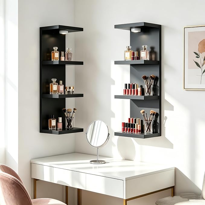 4 Tier Wall Shelf Unit Black Floating Shelves with LED Lights,Lack Wall Shelf,Versatile Floating Shelves for Home Decor Organizer Books Decor