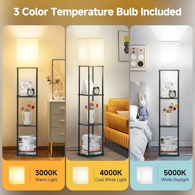 SHINE HAI Floor Lamps with Shelves for Living Room, 3-Tier Square Modern Standing Lamp with 3CCT Bulb, 11W 950LM Brightness, Tall Shelf Lamp for Bedroom, Office, Bookshelf & Display Organizer