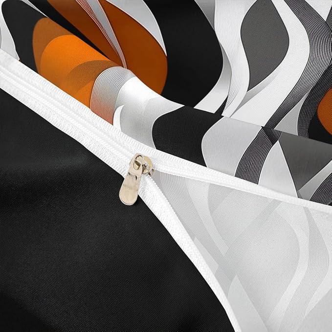 Orange Black Stripes Duvet Cover Set Full Size,Abstract Geometric Striped Wave Bedding Set,Boys Girls Room Decor,Modern Fashion Artwork Comforter Cover,Simple Quilt Cover,2 Pillowcases(No Filler)