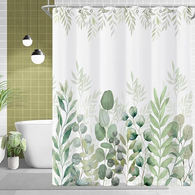 Green Eucalyptus Shower Curtain, Leaf Plant Herbs Spring Nature Waterproof Fabric Machine Washable with Hooks for Bathroom Bathtub Decor 60Wx72H