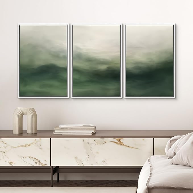 SIGNWIN Framed Canvas Print Wall Art Set Abstract Green Misty Landscape Illustrations Modern Art Decorative Boho Relax/Zen Nordic for Living Room, Bedroom, Office - 16"x24"x3 White