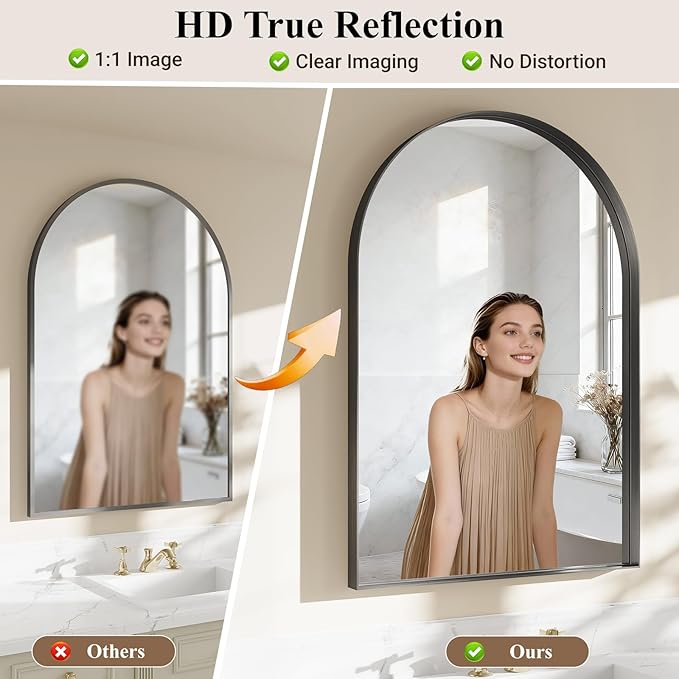 Arch Bathroom Mirror, 20"x30" Wall Mounted Vanity Mirror with Deep Frame, Tempered Glass Decor Mirror for Bathroom, Bedroom, Entryway and Living Room, Hanging or Leaning, Black