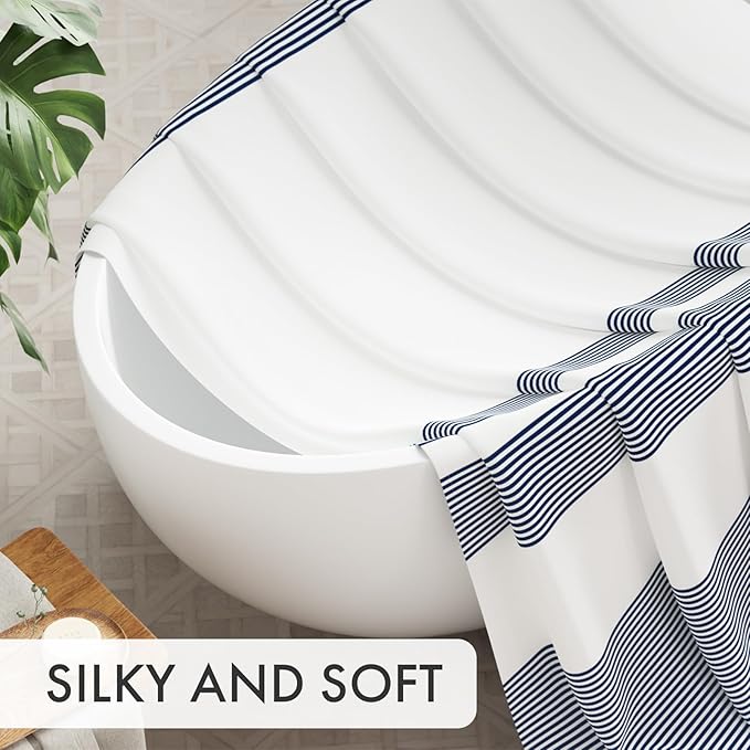 AmazerBath Striped Blue Shower Curtain, Cute Blue Stripe Bathroom Shower Curtain with 12 Shower Curtain Hooks, Rustic Fabric Blue and White, 72x72 Inches