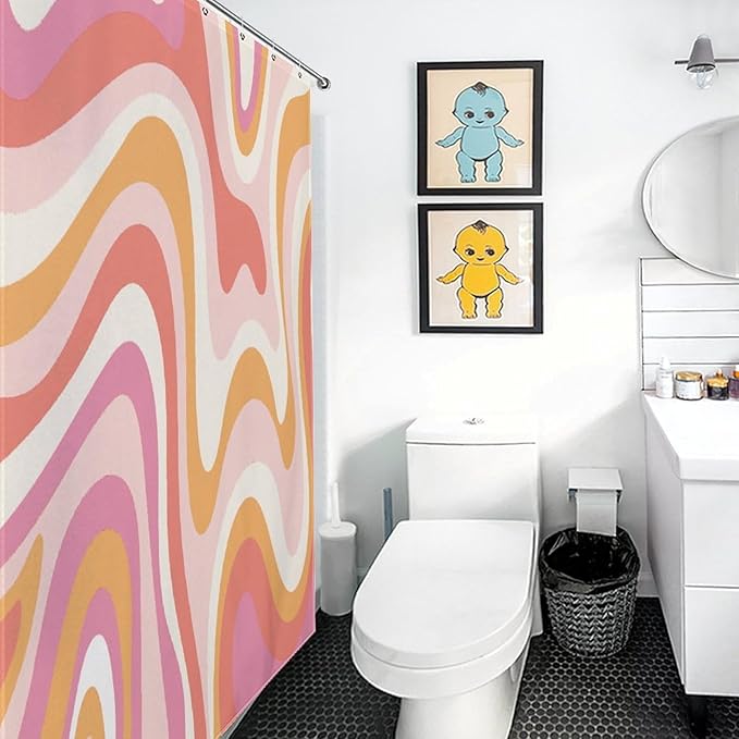 Hippie Shower Curtain for Bathroom, Retro Groovy 70s Pink Wave Abstract Swirl Funky Trippy Vintage Boho Aesthetic Waterproof Fabric Shower Curtain Set with Hooks, 72"x78"