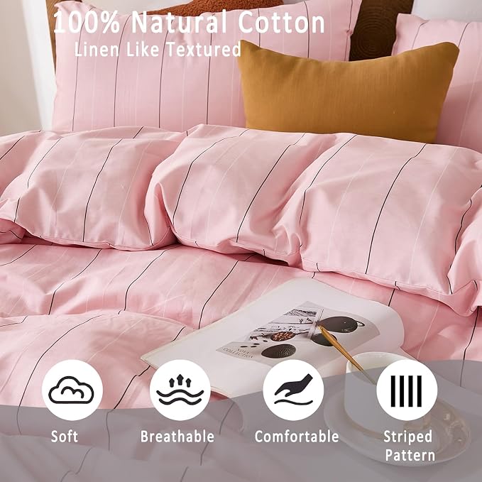 Merryword Pink Striped Duvet Cover Set King Size - 100% Cotton Bedding Set with Wide Zipper & 8 Corner Ties, Soft Breathable Bedding Set Elegant Pastel Comforter Cover for All Seasons