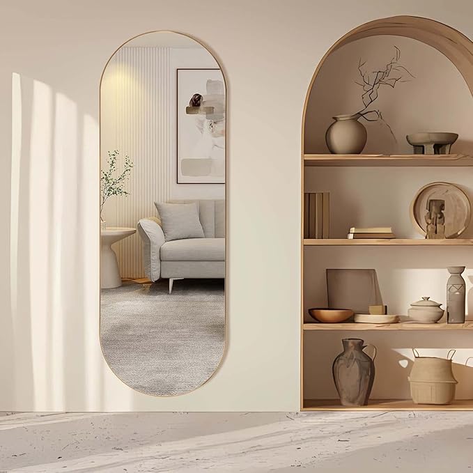 Arched Full Length Floor Mirror, Oval Full Floor Mirror, Large Wall Mounted Arched-Top Body for Living Room, Bedroom, Bathroom, Entryway, Dressing Room (Gold, 65 * 22)