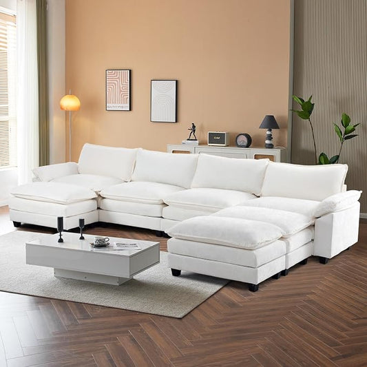 VINGLI 157" Cloud White/Cream Convertible Sectional Sofa, Comfy U-Shape Extra Deep Seat Sofa Couch for Living Room,Modern Chenille 4-Seat Convertible Sofa with 3 Movable Ottomans for Small Space