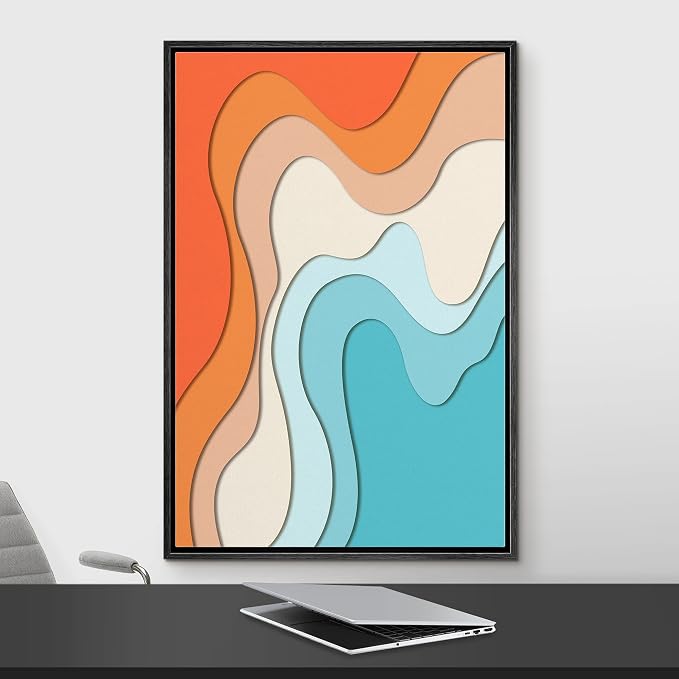 Woodrose Framed Canvas Print Wall Art Neon Orange, Tan & Blue Color Gradient Abstract Shapes Illustrations Modern Art Minimalist 3D Colorful Ultra for Living Room, Bedroom, Office - 24"x36" BLACK