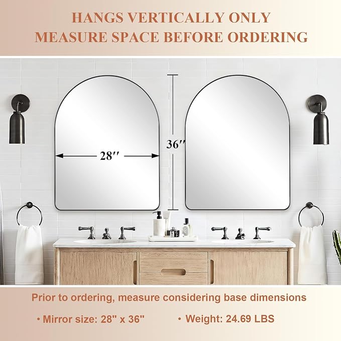 ANDY STAR Arched Mirror, 28 x 36 Inch Black Wall Mirror in Stainless Steel Metal Frame, Arch Top Rounded Corner 1 Inch Deep Set Design Wall Mount Hangs Vertical