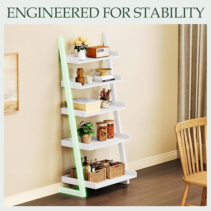 5-Tier Wooden White Ladder Shelf - Solid Wood Leaning Ladder Bookshelf Shelves Bookcase for Saving Space, 55" H Book Shelf for Living Room & Bedroom & Home Office