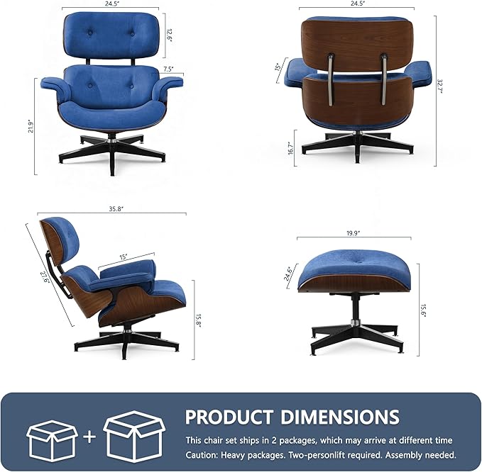 Chaise Lounge Chair with Ottoman, Top Black Grain Leather Recliner Chair, Modern Classic Office Chair with Ergonomic Lumbar Support, Heavy Duty Base Support for Bedroom Living Room Office (Blue)