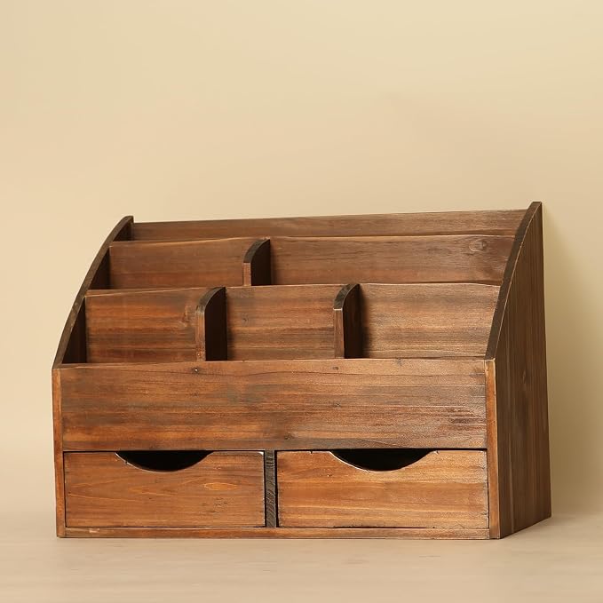 Vintage Rustic Wooden 2 Drawer with Shelf Office Desk Organizer & Mail Rack For Desktop,Box for Office Home Toiletries Supplies Vanity, No Assembly Required (J03) (Brown)