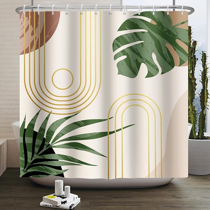Boho Sage Green Shower Curtain Bohemian Mid Century Geometric Abstract Curve Bathroom Curtain Palm Leaf Polyester Shower Curtain Sets for Bathroom Extra Long 72x78 in with 12 Hooks