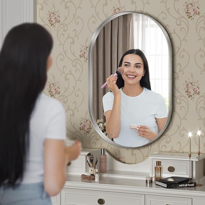 Brightify Silver Oval Mirror for Bathroom 20x33 Inch, Metal Framed Bathroom Vanity Silver Mirrors, Modern Pill Shape Mirror for Bedroom Living Room Wall Decorative Hang Vertical and Horizontal