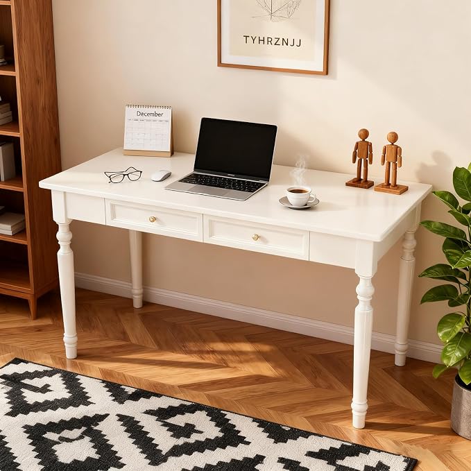 French Country Desk, 47" White Writing Desk with Drawers, Large Computer Desk for Home Office, Easy Assembly
