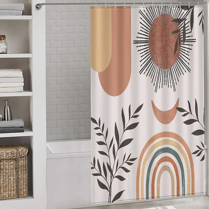 Mid Century Abstract Boho Shower Curtain Orange Vintage Aesthetic Nature Leaf Sun Modern Waterproof Shower Curtains for Bathroom Decor 12 Pack Hooks 55x72in（140x183cm）