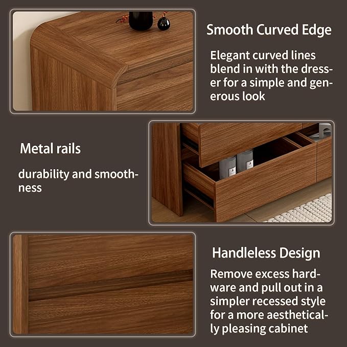 Modern 6 Drawer Dresser, 55-Inch Wood Chest of Drawers, Curved Anti-Collision Design, Mid-Century Storage Cabinet, Pre-Embedded Slots, Natural Texture, for Bedroom, TV Stand (W-55IN)