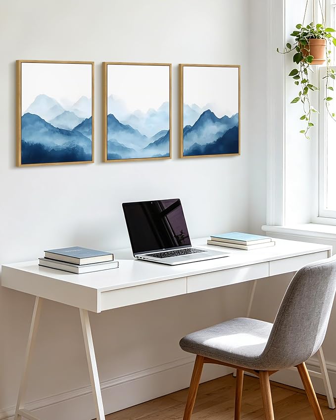 KUVIOKE Blue Watercolor Mountains in Fog Framed Wall Art Wilderness Nature Landscape Painting Rustic Scenic Relax Cool Room Decor for Bedroom Dining Room 12x16in (Natural Framed)