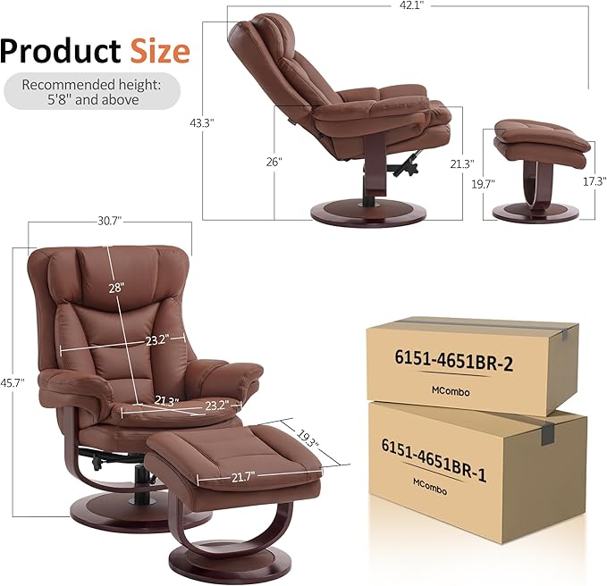 MCombo Oversized Swivel Recliner Chair with Ottoman, Adjustable Backrest, 360° Wood Base, High Seat, Faux Leather Lounge Chair for Tall Users in Living Room Office 4651 (Brown)