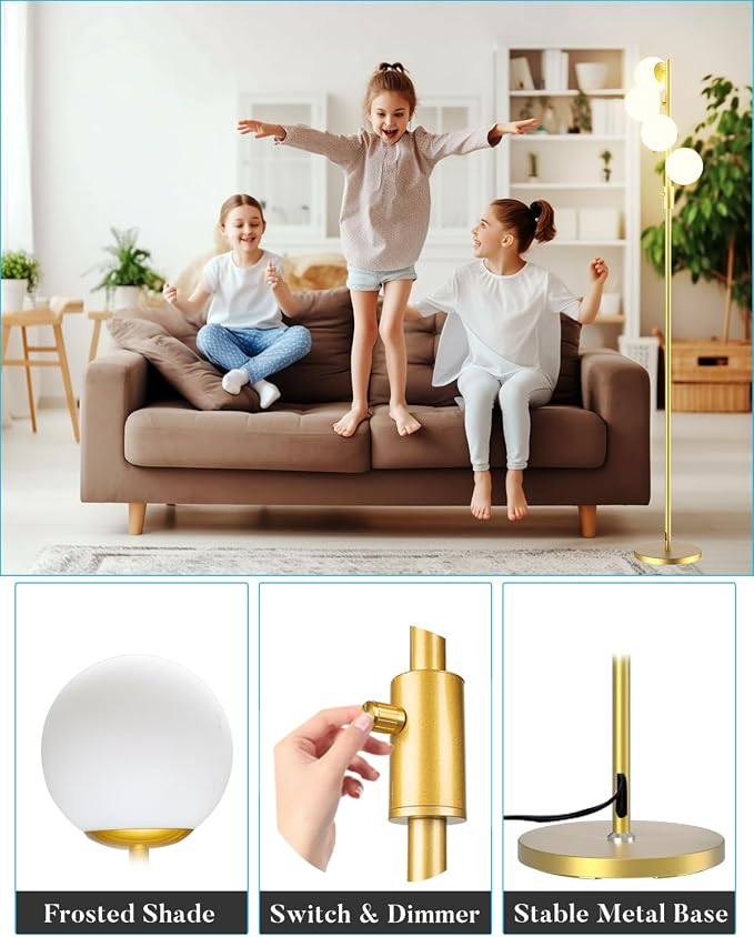 Gold Globe Floor Lamp Dimmable 64IN Tall Standing Lamps with Soft Warm White Eye Care 3000K G9 Bulbs, Mid Century Modern Floor Lamp with 5Lbs Heavy Base for Living Room Bedroom