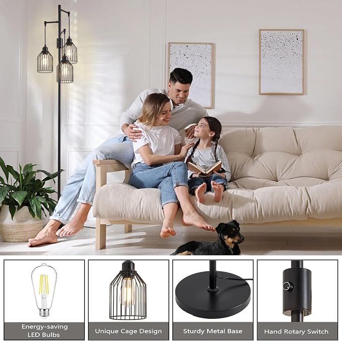 Dimmable Industrial Floor Lamp with 3 Cage Heads, 68.5" Black Tree Standing Lamp with Stepless Dimming, Modern Farmhouse Tall Pole Light for Living Room, Bedroom, Office, E26 Base (Bulbs Included)