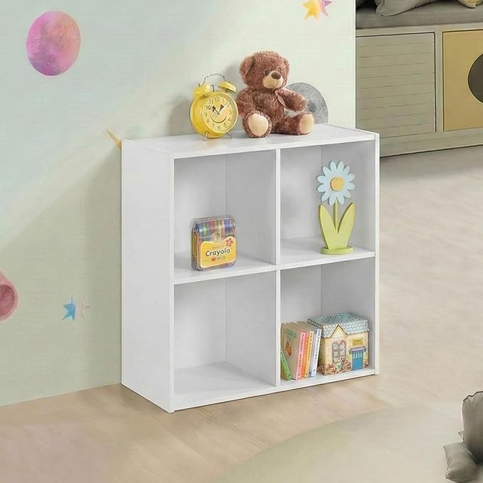 Kings Brand Furniture George 4-Cube Storage Organizer, 2-Tier Bookcase with Wood Shelves for Living Room, Bedroom, Nursery, or Home Office (White, 1-Pack)