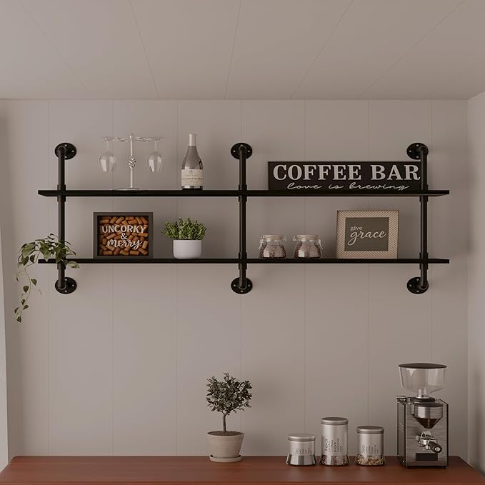 HDDFER Industrial Pipe Shelf Shelving Bookcase, Wall Mounted Rustic Bookshelf, Floating Bookshelves for Wall,Retro Wood Metal Pipe Industrial Shelves for Living Room