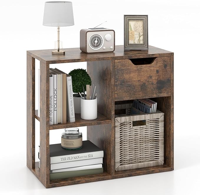 LOKO 3-Cube Bookshelf with Drawer Set of 2, 2-Tier Open Shelf Bookcase, Freestanding Display Shelf, Modern Home Storage Organizer, Shelving Unit for Living Room, Study, Office (1, Rustic Brown)