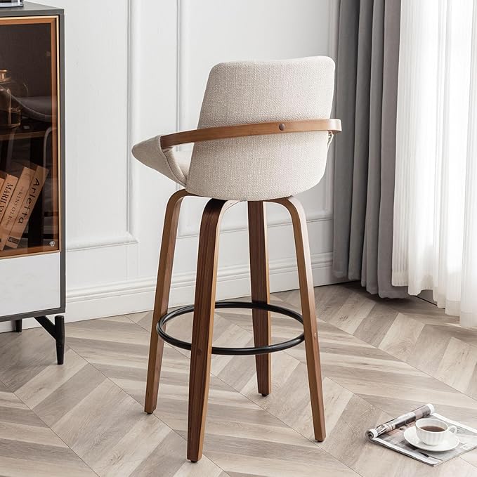 LUNLING 25.6" Counter Height Barstools Set of 2 Mid Century Modern Retro Bar Chairs Charcoal Beige Linen Look Fabric Upholstered and Walnut Wood Frame for Home Bar Furniture,Beige