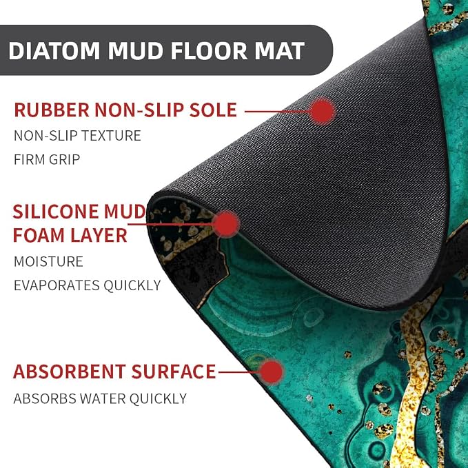 Diatomaceous Earth Bath Mat,Black and Green Gold Marble Non-Slip Volume Super Absorbent Fast Drying for Bathroom Kitchen Door mat,Eco-Friendly Easy to Clean 17×27.5Inch (43 * 70cm)