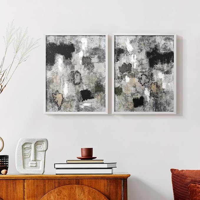 Renditions Gallery Set of 2 Peel & Stick Framed Prints, Abstract Wall Art, Hand Painted Black and White Pattern Wall Decor, Re-Stickable - Ready to Hang - 16"x20" - White Frame LT588