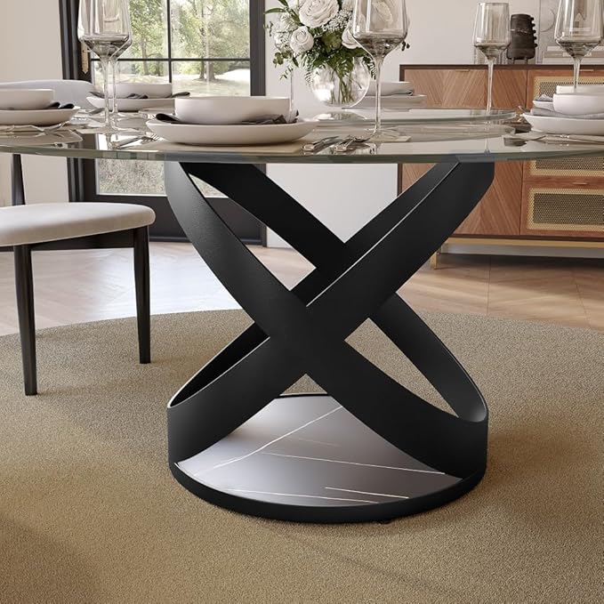 POVISON 59" Modern Round Dining Table with Lazy Susan, Glass Round Kitchen Table for 6, Glass Dining Room Table Top with Black X Carbon Steel Base for Dining Room (Dining Table Only)