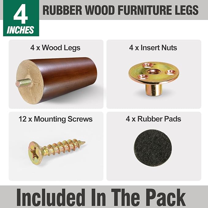 FoDau770 Brown Rubber Wood Furniture Legs 4 Inches, Straight Tapered Wood Feet Mid Century Sofa Legs Set of 4, 5/16" UNC Furniture Feet for Cabinet Couch Dresser Chair Ottoman Table