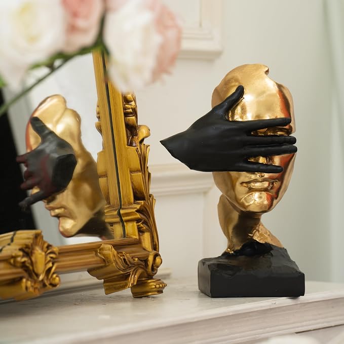 Thinker Statue-Silence is Gold-Abstract Art Figurine Decor - No Hear No See No Speak Modern Home Resin Sculptures Decorative Objects Decor for Home Office Bookshelf Desktop(12" H)