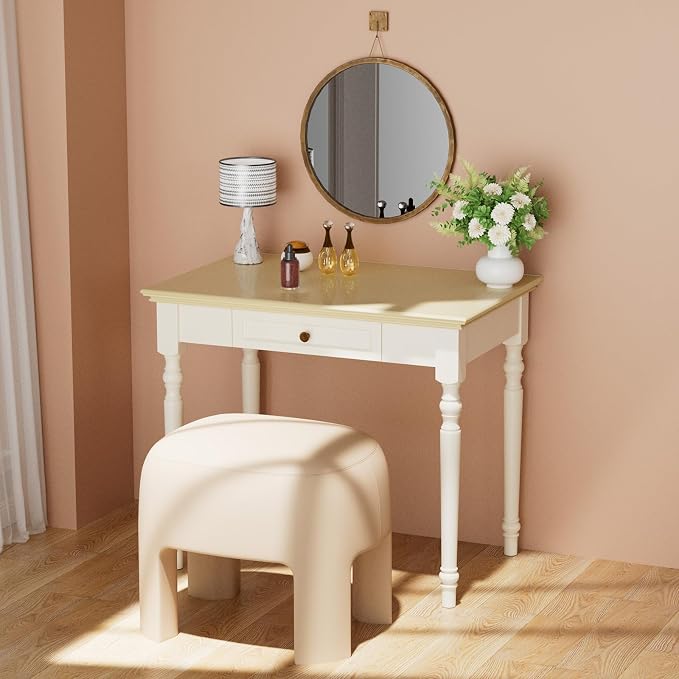 ADORZ Writing Desk with Drawers, 35 Inch French Country Desk Solid Wood Writing Desk for Home Office, Study Workspace or Bedroom (Off-White, 35 inches)