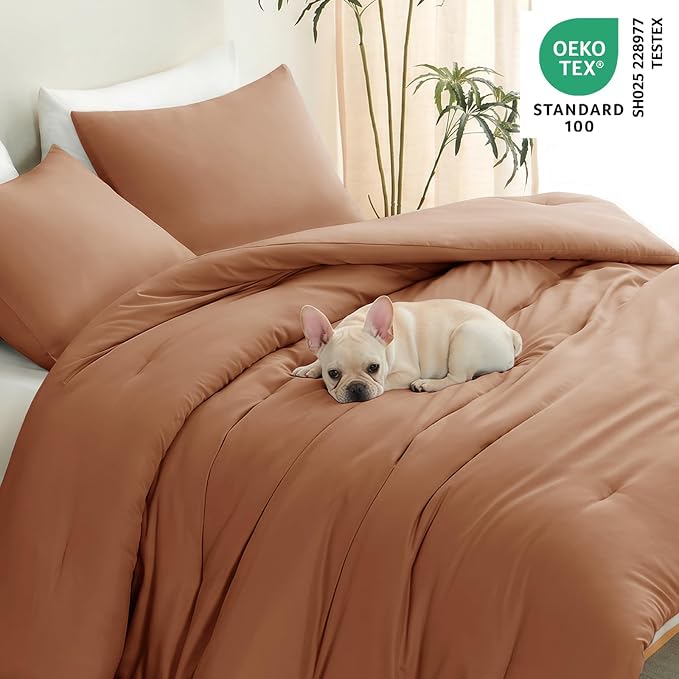 CozyLux Queen Comforter Set Pumpkin, 3 Pieces Lightweight Comforters Queen Size Quilted Bedding Sets, All Season Breathable Solid Down Alternative Comforter with 2 Pillowcases, Bed Set Gift for Home