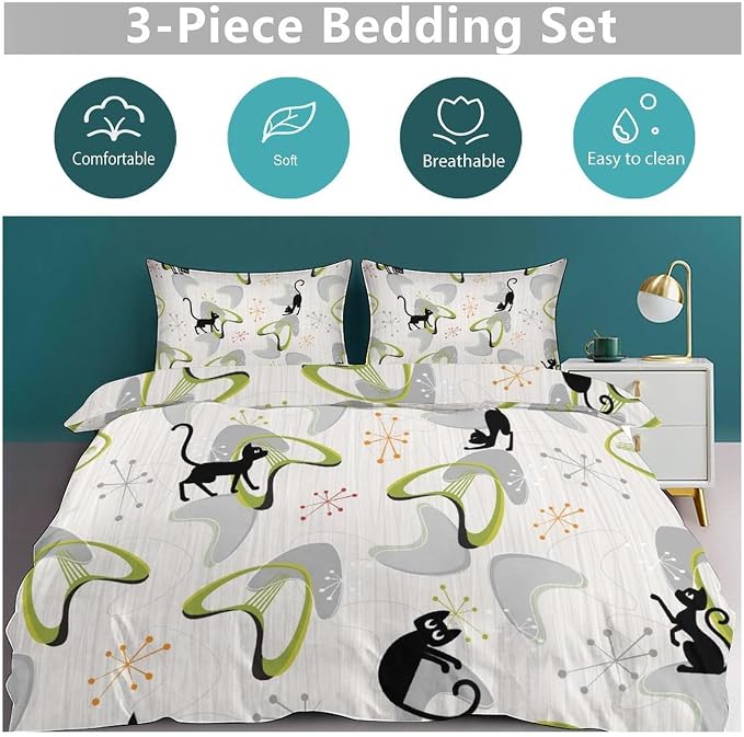 Mid Century Bedding Set,Retro Black Cat Atomic Diamond Star 1950s 1960s Abstract Geometric Minimalist Simple Modern Comforter Set with Pillowcase for Bedroom Bed Decor,King 102"x90"