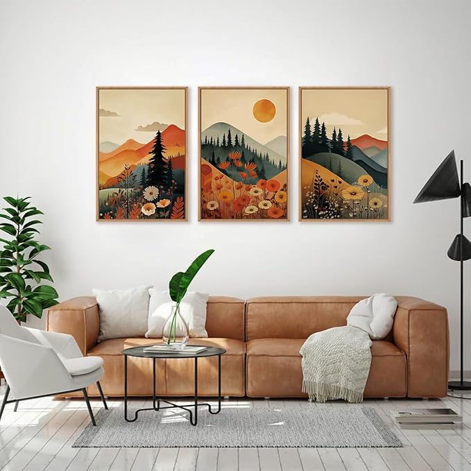 LHIUEM Large Boho Mountain Sunset Framed Canvas Wall Art Set, Pine Tree Flowers Wall Decor, Nature Landscape Forest Artwork for Living Room,Bedroom,Dining Room,Office -24"x36"x3