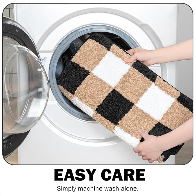 Checkered Bath Mat - Super Absorbent, Soft and Thick, Rubber Backing Non-Slip, Machine Washable Shower Rug, Bath Mat, Bathroom Home Decor Accessories, 16"x24" (40x60cm), Brown