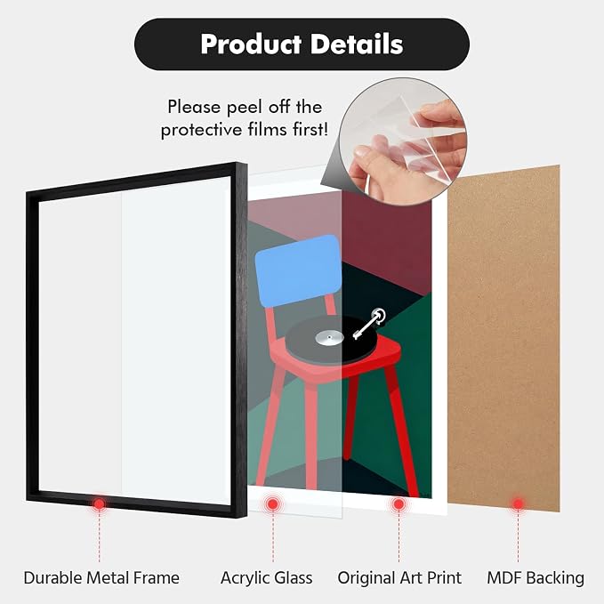 Framed Abstract Music-Inspired Wall Art for Living Room, 12x16 Inch Modern Chair and Vinyl Print, Minimalist Geometric Artwork with Matte Black Metal Frame, Bedroom Office Decor