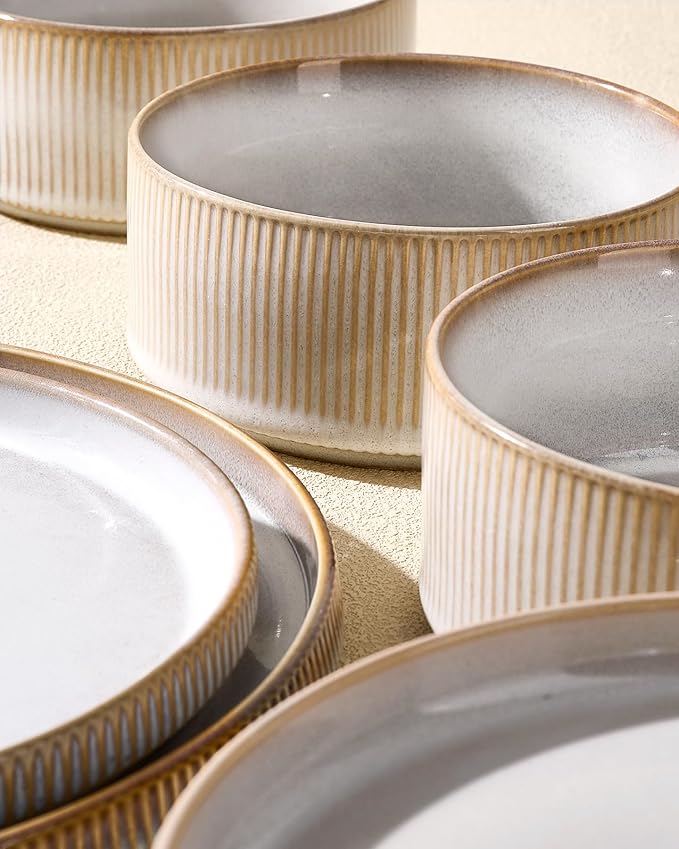Stoneware Dinnerware Sets, Handcrafted Double Reactive Glaze Plates and Bowls for Everyday & Formal Dining, Microwave & Dishwasher Safe, Scratch Resistant Dishes for 4 (12-Piece), Cappuccino White