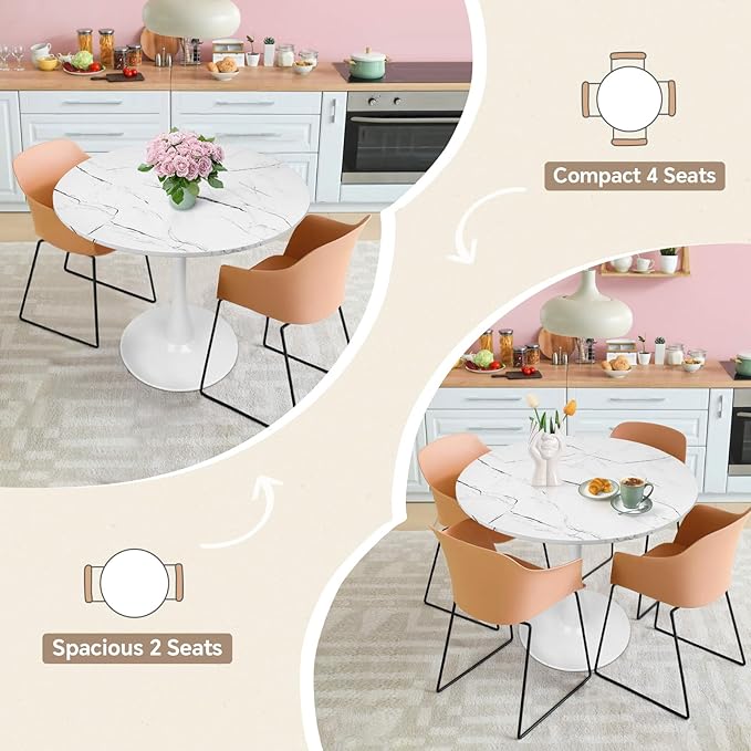 Round Dining Table 31.5" Faux Marble White Tulip Table with Pedestal Base for 2-4 People Small Space - Kitchen Living Room Cafe