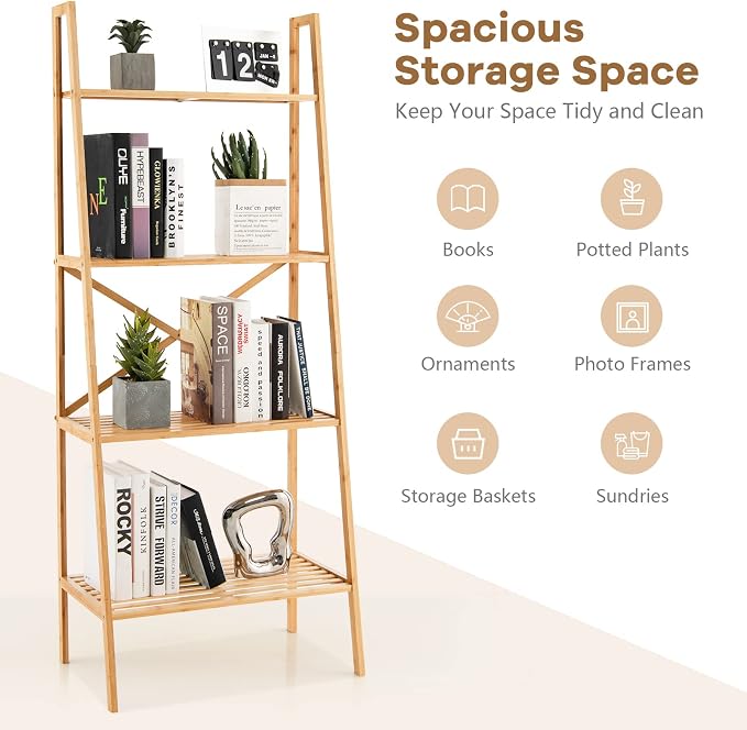 Giantex 4-Tier Bamboo Bookshelf, Multifunctional Storage Display Rack Shelves with Anti-Tipping Device, Natural Bamboo Ladder Shelf for Home Office Kitchen Bathroom